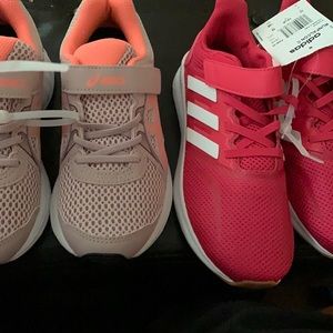 Size 1 girls shoes. One is ASICS and other is adidas
